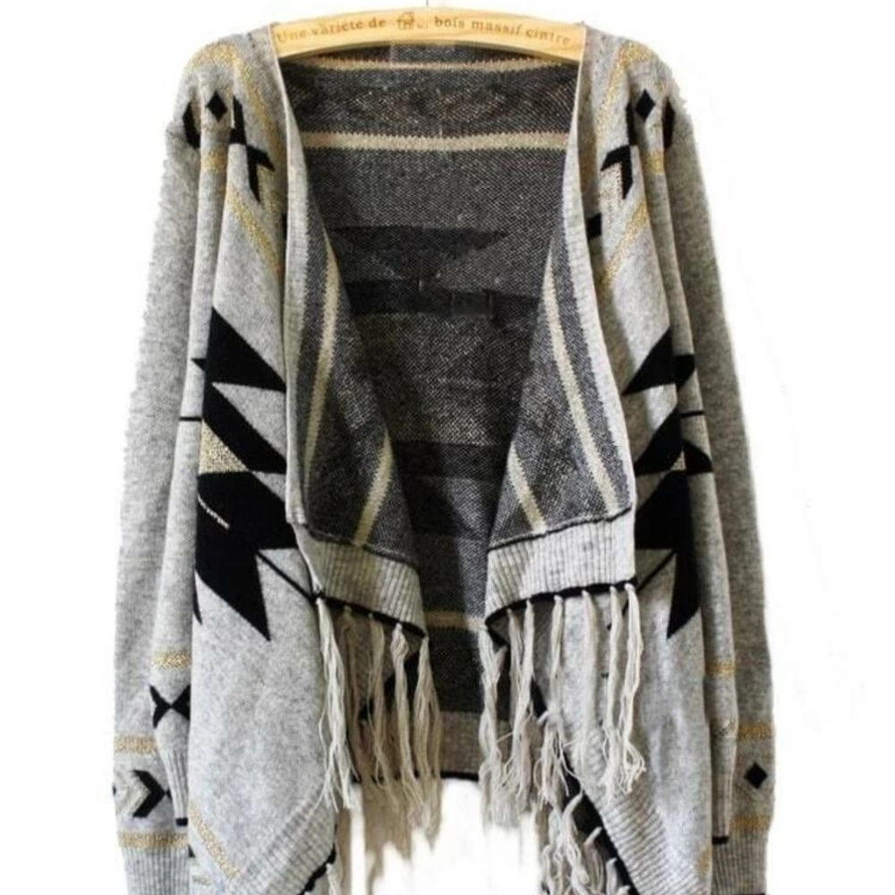 Aztec knitted fringe poncho/jacket